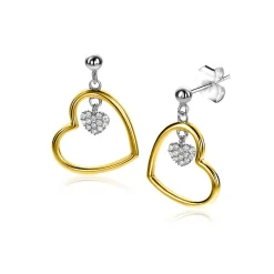 20mm ZINZI gold plated zilveren oorstekers open hart 15mm en bungelend hartje bezet met witte zirconia's ZIO2621