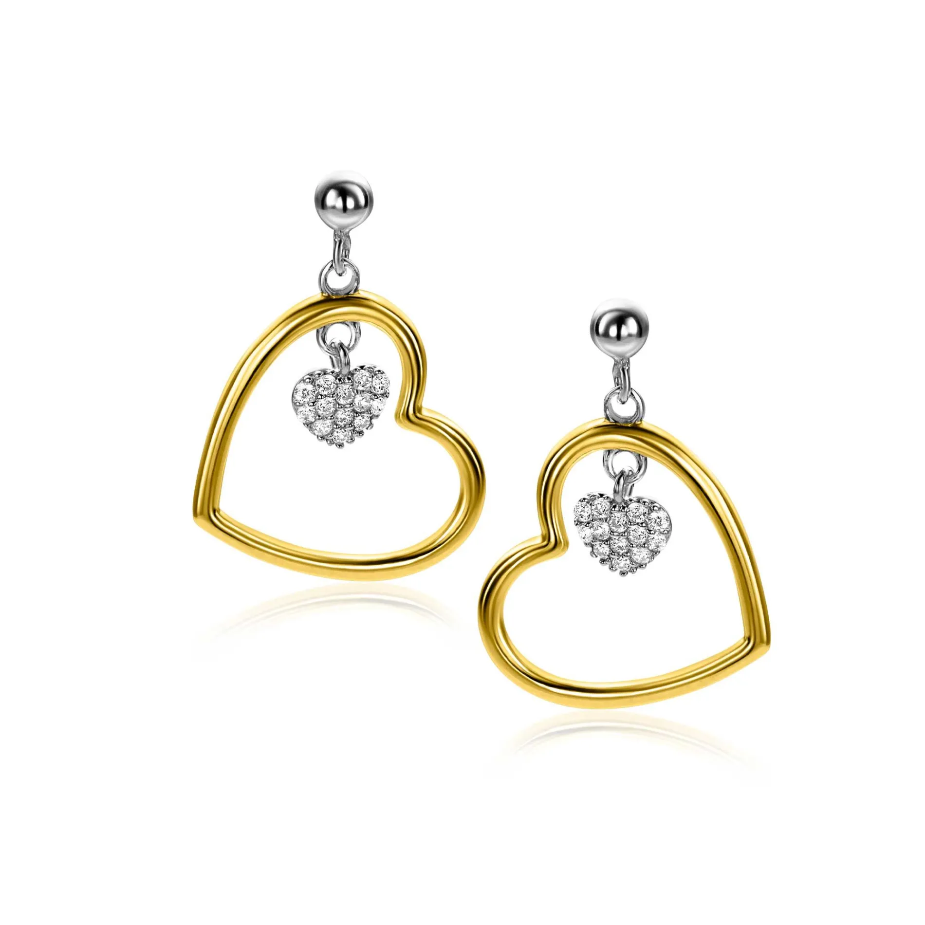 20mm ZINZI gold plated zilveren oorstekers open hart 15mm en bungelend hartje bezet met witte zirconia's ZIO2621