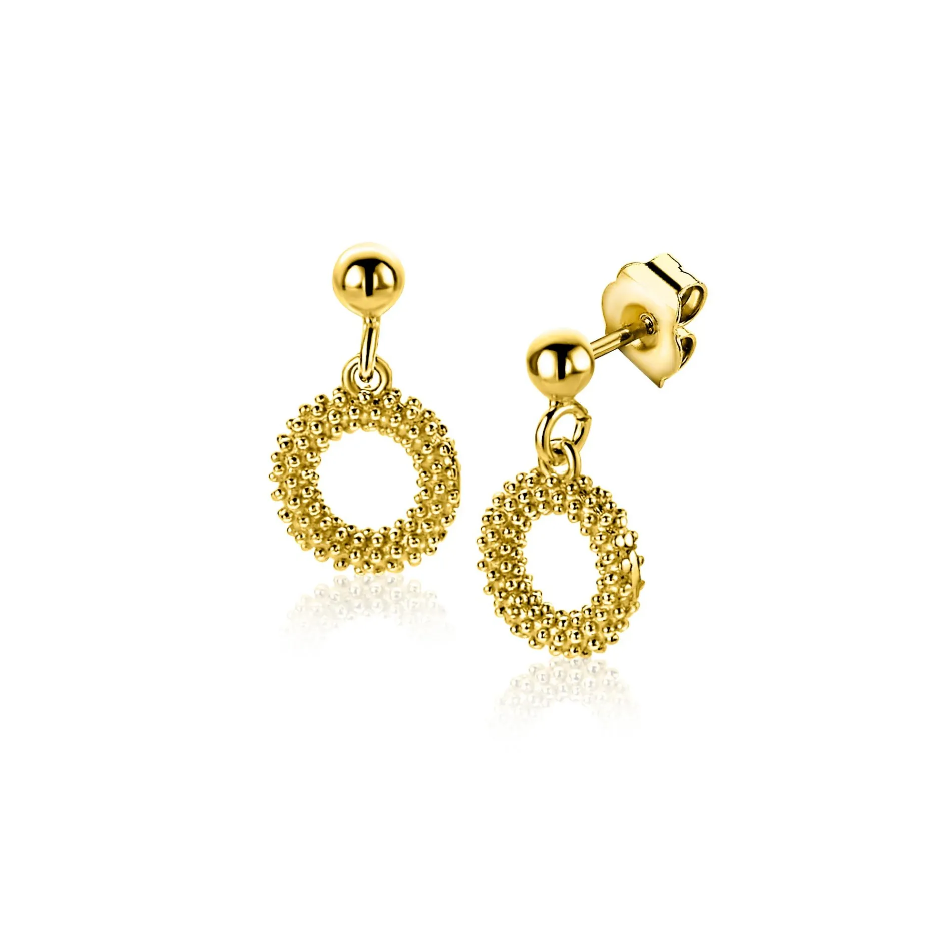 14mm ZINZI gold plated zilveren oorstekers met open rondje van 8,5mm voorzien van een bolstructuur ZIO2704G