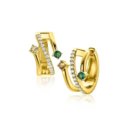 16mm ZINZI gold plated zilveren multi-look oorringen met 3 rijen, bezet met groene kleurstenen en witte zirconia's 10mm breed met luxe klapsluiting ZIO2646G