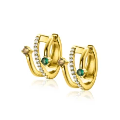16mm ZINZI gold plated zilveren multi-look oorringen met 3 rijen, bezet met groene kleurstenen en witte zirconia's 10mm breed met luxe klapsluiting ZIO2646G