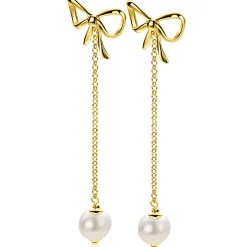 60mm ZINZI gold plated zilveren strik oorstekers met jasseron kettinkje en zoetwaterparel ZIO2677