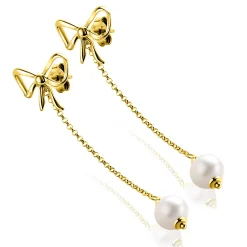 60mm ZINZI gold plated zilveren strik oorstekers met jasseron kettinkje en zoetwaterparel ZIO2677
