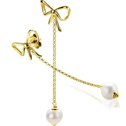 60mm ZINZI gold plated zilveren strik oorstekers met jasseron kettinkje en zoetwaterparel ZIO2677