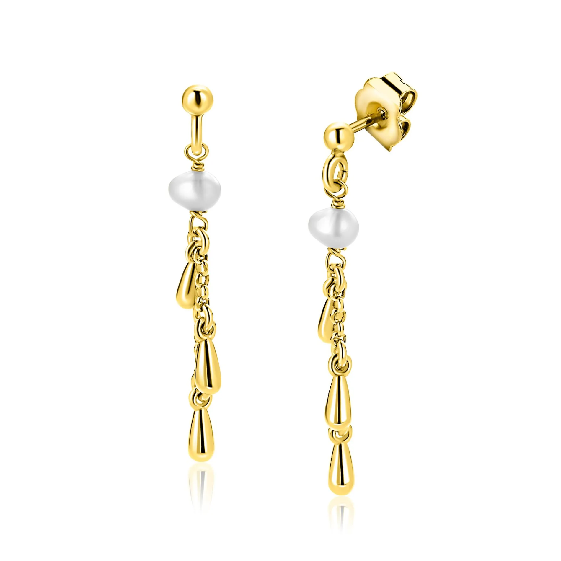 37mm ZINZI gold plated zilveren oorstekers met druppels en witte zoetwaterparels ZIO2753