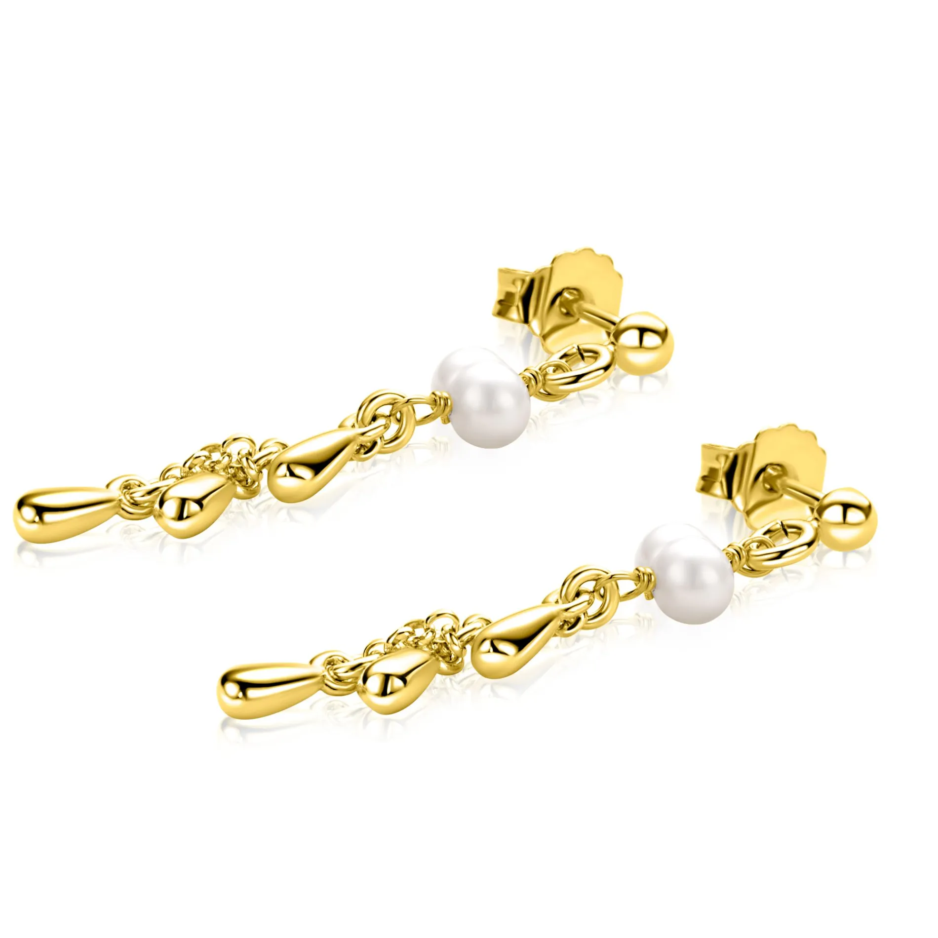 37mm ZINZI gold plated zilveren oorstekers met druppels en witte zoetwaterparels ZIO2753