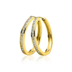 28mm ZINZI gold plated zilveren oorringen met witte zirconia's en luxe klapsluiting, buisdikte 3mm ZIO193Y