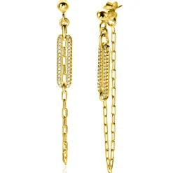 60mm ZINZI gold plated zilveren oorstekers met paperclip ketting en open ovale vorm bezet met witte zirconia's ZIO2538