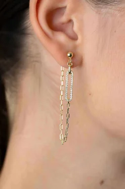 60mm ZINZI gold plated zilveren oorstekers met paperclip ketting en open ovale vorm bezet met witte zirconia's ZIO2538