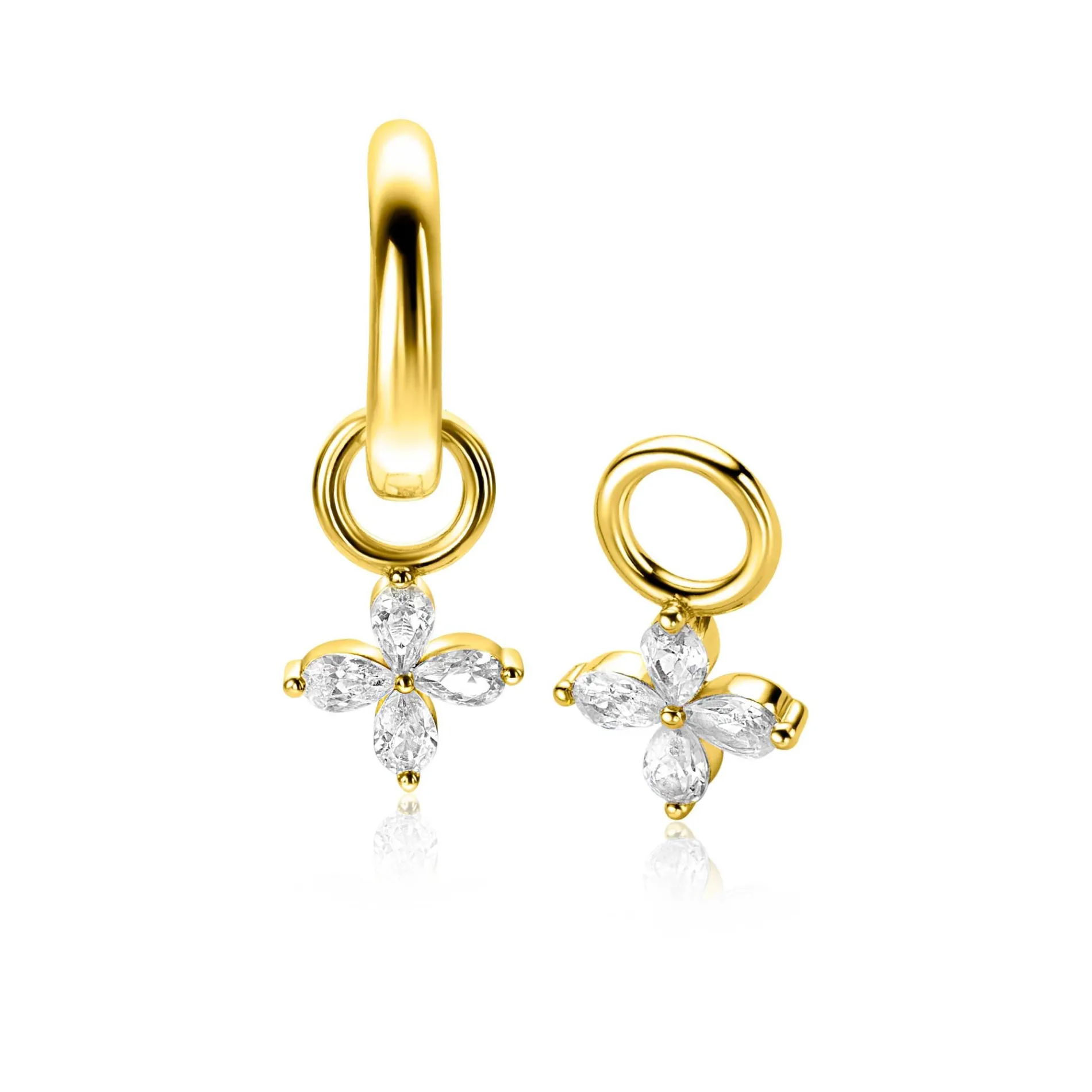 13mm ZINZI gold plated zilveren oorbedels met bloem bezet met 4 druppelvormige zirconia's ZICH2624 (zonder oorringen)