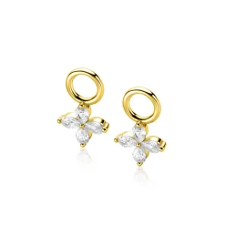 13mm ZINZI gold plated zilveren oorbedels met bloem bezet met 4 druppelvormige zirconia's ZICH2624 (zonder oorringen)