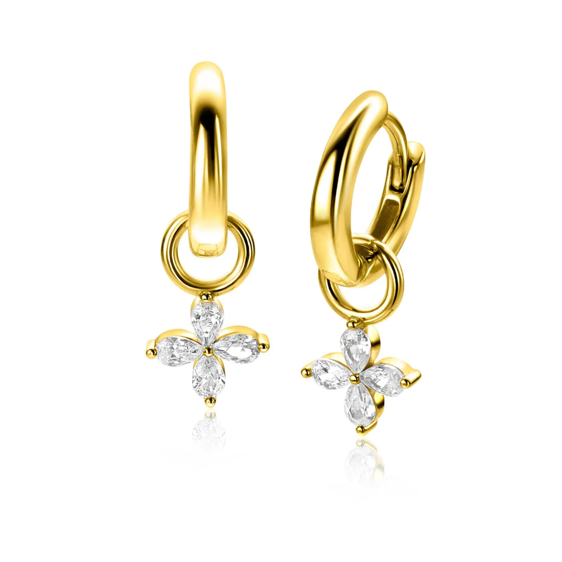 13mm ZINZI gold plated zilveren oorbedels met bloem bezet met 4 druppelvormige zirconia's ZICH2624 (zonder oorringen)