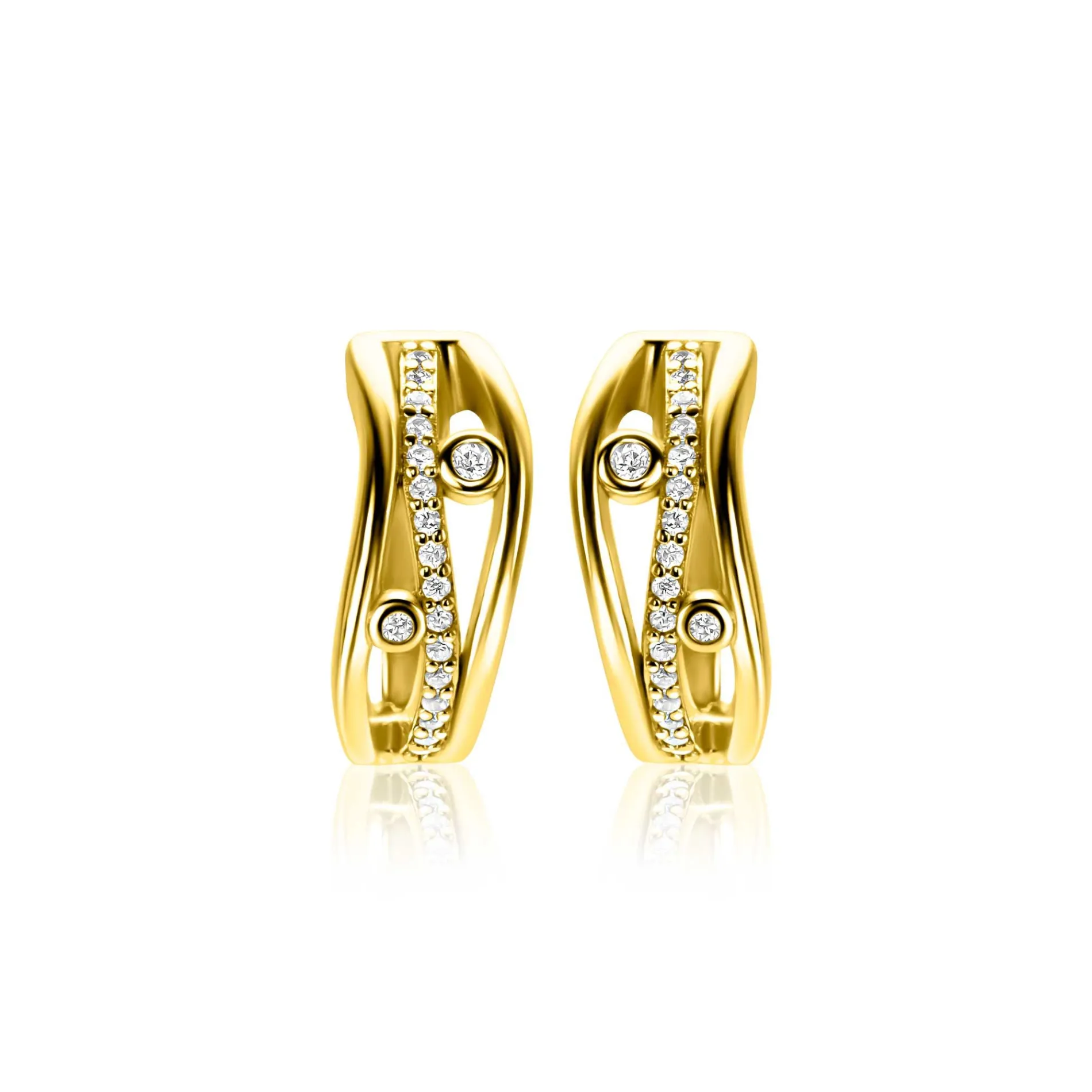 16mm ZINZI gold plated zilveren multi-look oorringen in golvend design, bezet met witte zirkonia's en luxe klapsluiting ZIO2685