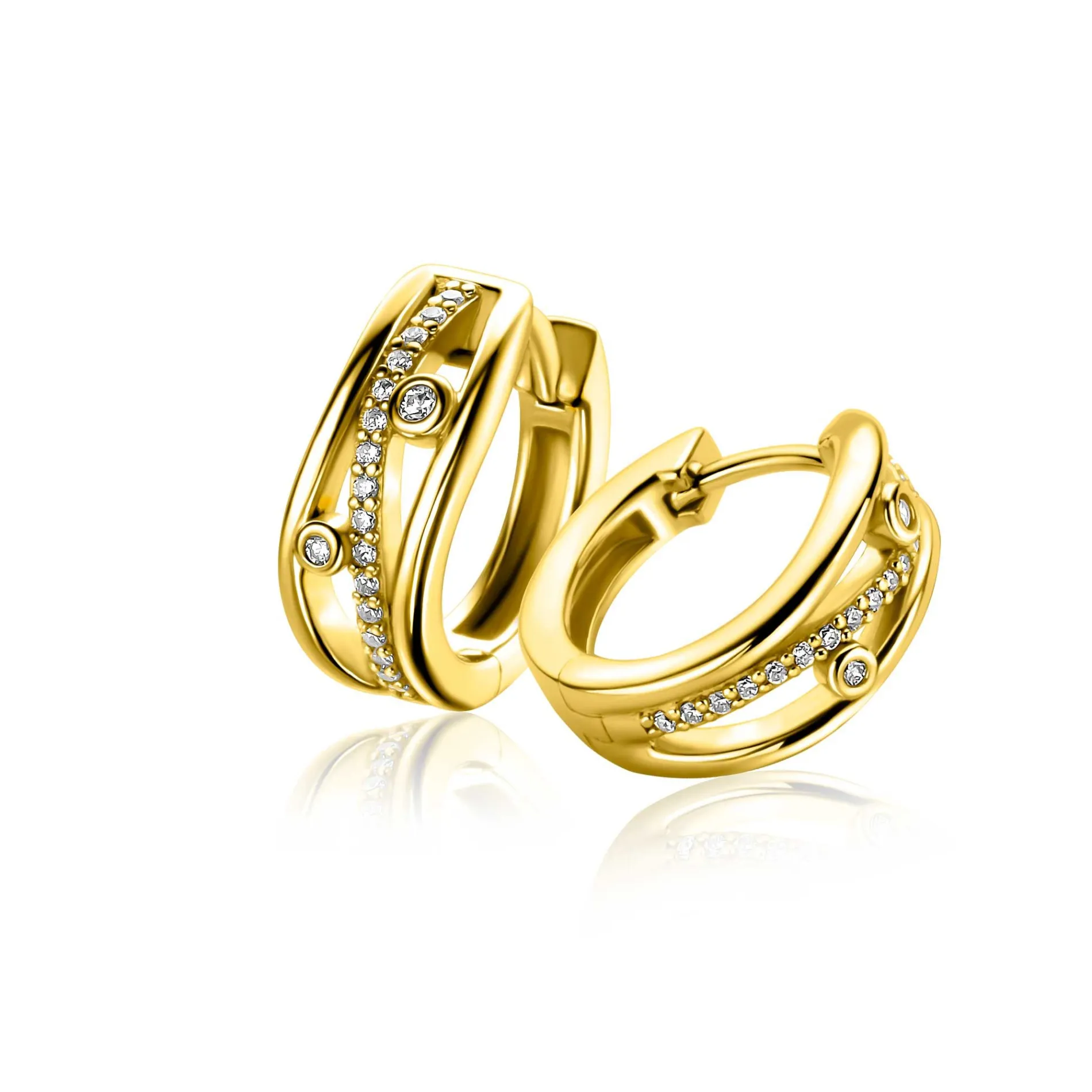 16mm ZINZI gold plated zilveren multi-look oorringen in golvend design, bezet met witte zirkonia's en luxe klapsluiting ZIO2685