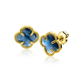 9mm ZINZI gold plated zilveren oorstekers in klaver vorm met donkerblauwe kleursteen ZIO2662DB