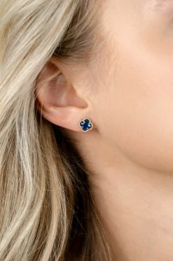 9mm ZINZI gold plated zilveren oorstekers in klaver vorm met donkerblauwe kleursteen ZIO2662DB