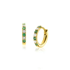 12mm ZINZI gold plated zilveren oorringen bezet met ronde witte zirconia's en diepgroene kleurstenen 2mm buisdikte met luxe klapsluiting ZIO2557