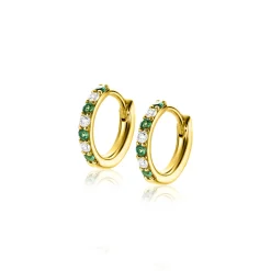 12mm ZINZI gold plated zilveren oorringen bezet met ronde witte zirconia's en diepgroene kleurstenen 2mm buisdikte met luxe klapsluiting ZIO2557