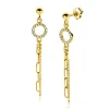 46mm ZINZI gold plated zilveren oorstekers met bungelende paperclip en gourmet schakels, bevestigd aan een open rondje bezet met witte zirconia's ZIO2464Y