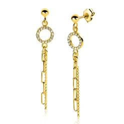 46mm ZINZI gold plated zilveren oorstekers met bungelende paperclip en gourmet schakels, bevestigd aan een open rondje bezet met witte zirconia's ZIO2464Y