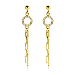 46mm ZINZI gold plated zilveren oorstekers met bungelende paperclip en gourmet schakels, bevestigd aan een open rondje bezet met witte zirconia's ZIO2464Y