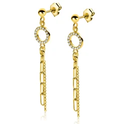 46mm ZINZI gold plated zilveren oorstekers met bungelende paperclip en gourmet schakels, bevestigd aan een open rondje bezet met witte zirconia's ZIO2464Y