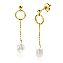 37mm ZINZI gold plated zilveren oorstekers met open rondje en kettinkje met bungelend witte zoetwaterparel in organische vorm ZIO2615