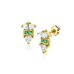 9,5mm ZINZI gold plated zilveren oorstekers met drie verschillende vormen van zettingen, bezet met groene en witte kleurstenen ZIO2630G