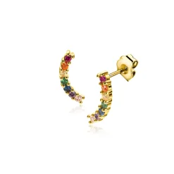 10mm ZINZI gold plated zilveren oorknoppen met golfje bezet met regenboog kleurstenen ZIO2592