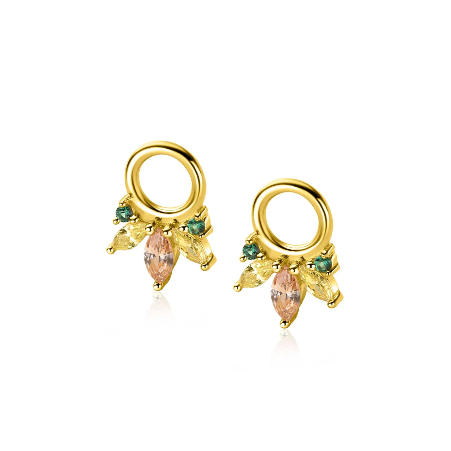 10mm ZINZI gold plated zilveren oorbedels met vijf speelse zettingen in aflopende grootte, bezet met champagne, peridot en donkergroene kleurstenen ZICH2633GC (zonder oorringen)