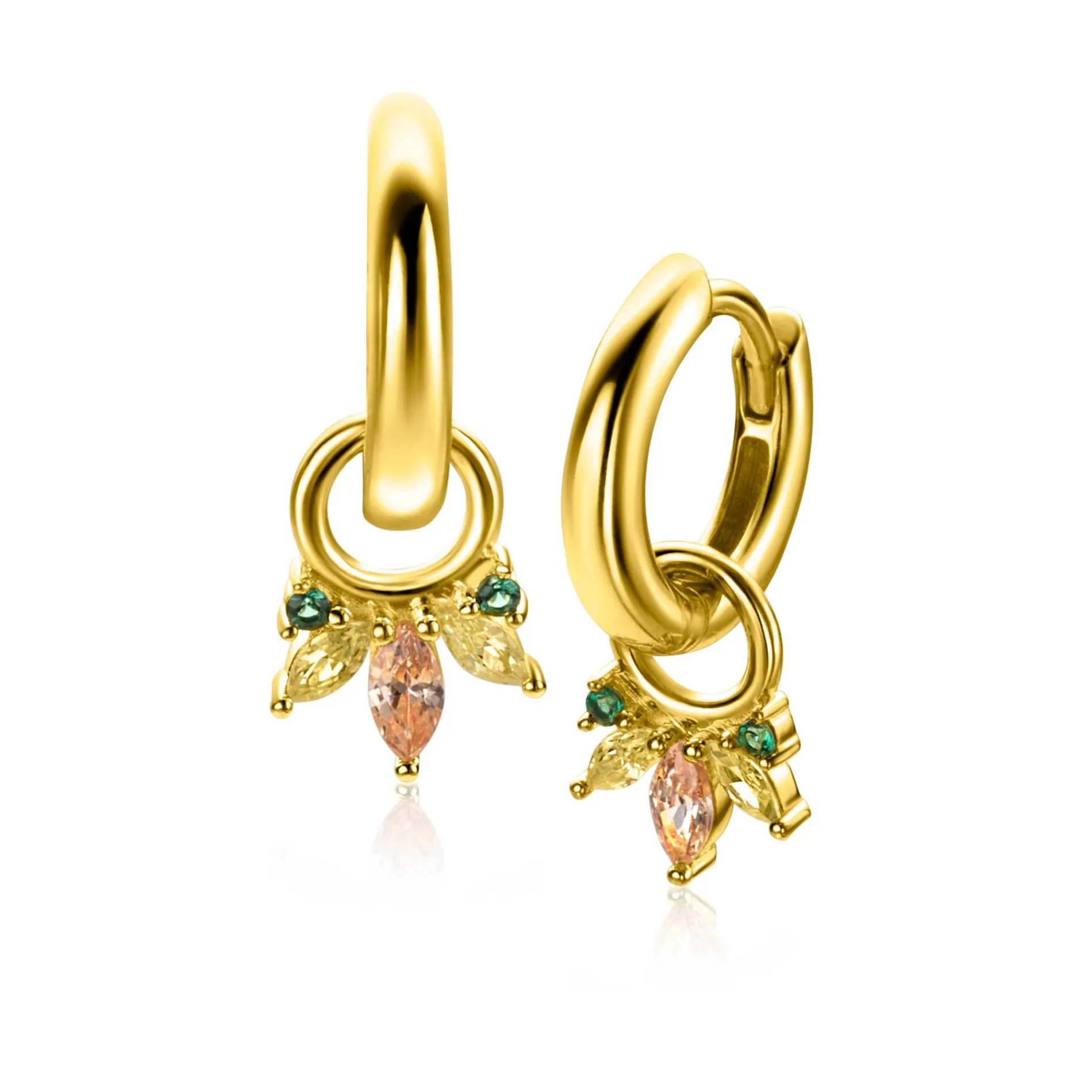 10mm ZINZI gold plated zilveren oorbedels met vijf speelse zettingen in aflopende grootte, bezet met champagne, peridot en donkergroene kleurstenen ZICH2633GC (zonder oorringen)