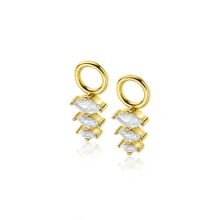 13mm ZINZI gold plated zilveren oorbedels met drie peervormige zettingen in aflopende grootte, bezet met witte zirconia's ZICH2631 (zonder oorringen)