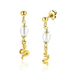 35mm ZINZI gold plated zilveren oorstekers met slang en witte zoetwaterparel ZIO2761