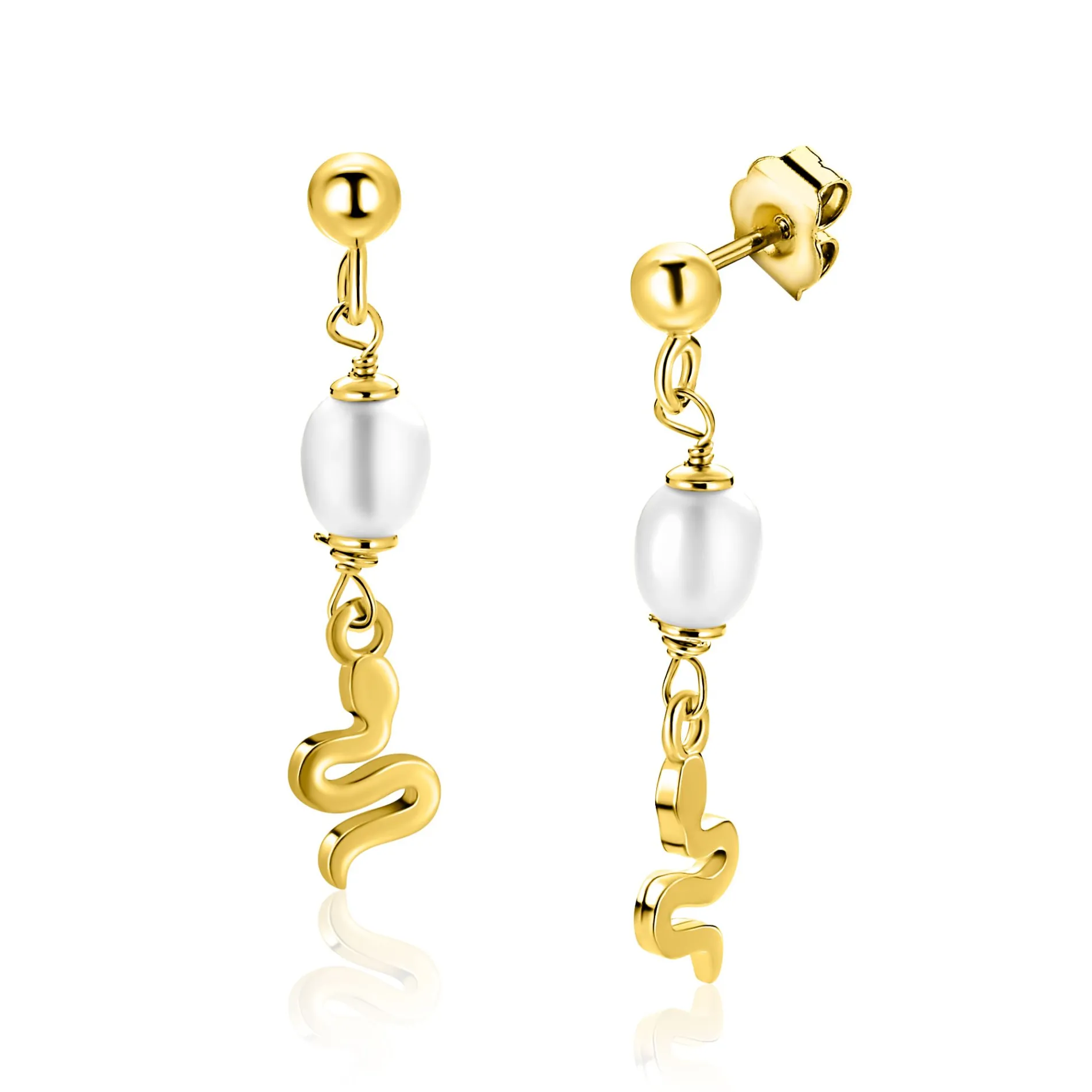 35mm ZINZI gold plated zilveren oorstekers met slang en witte zoetwaterparel ZIO2761