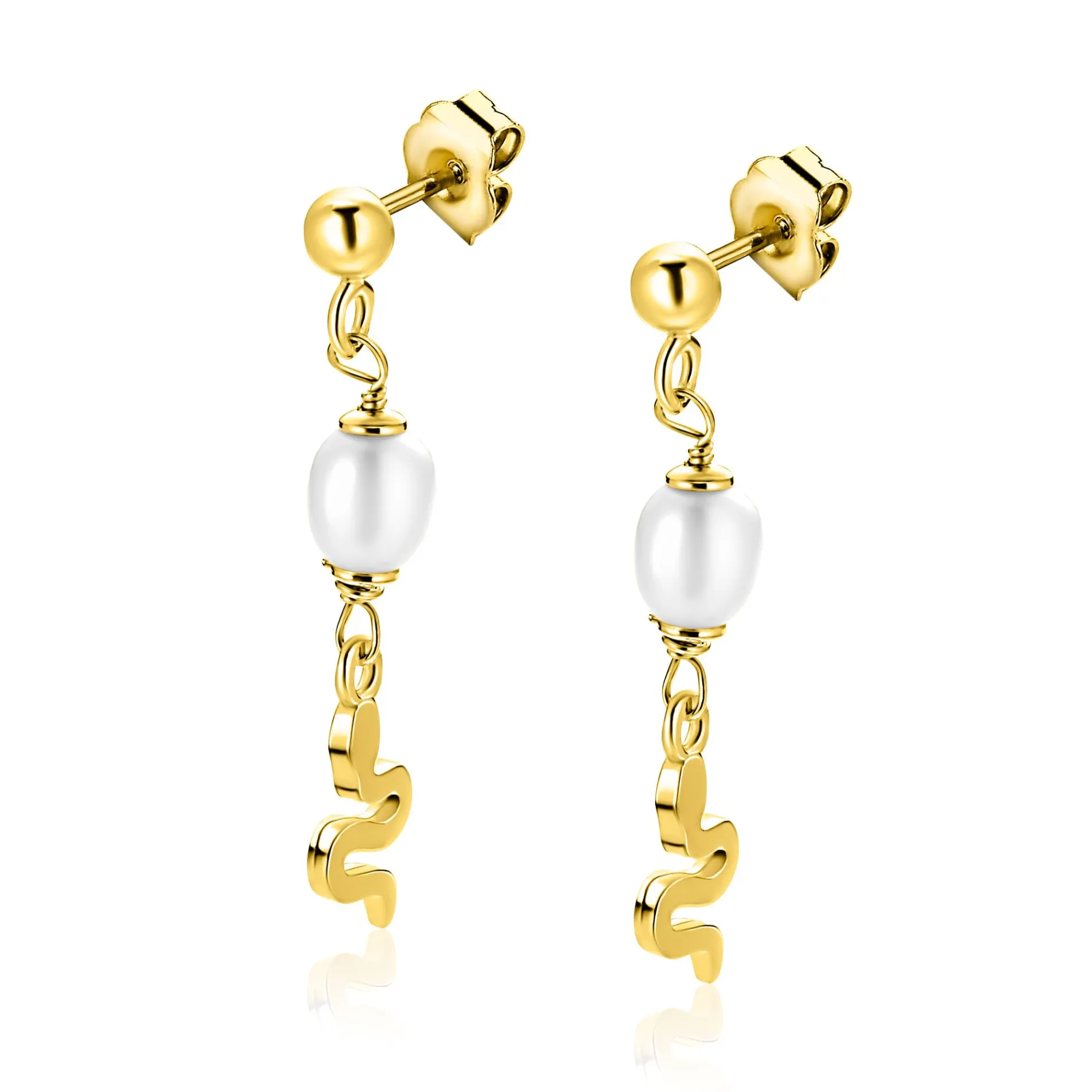 35mm ZINZI gold plated zilveren oorstekers met slang en witte zoetwaterparel ZIO2761