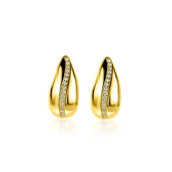17mm ZINZI gold plated zilveren oorstekers in druppelvorm met golvende rij witte zirkonia's ZIO2707Y