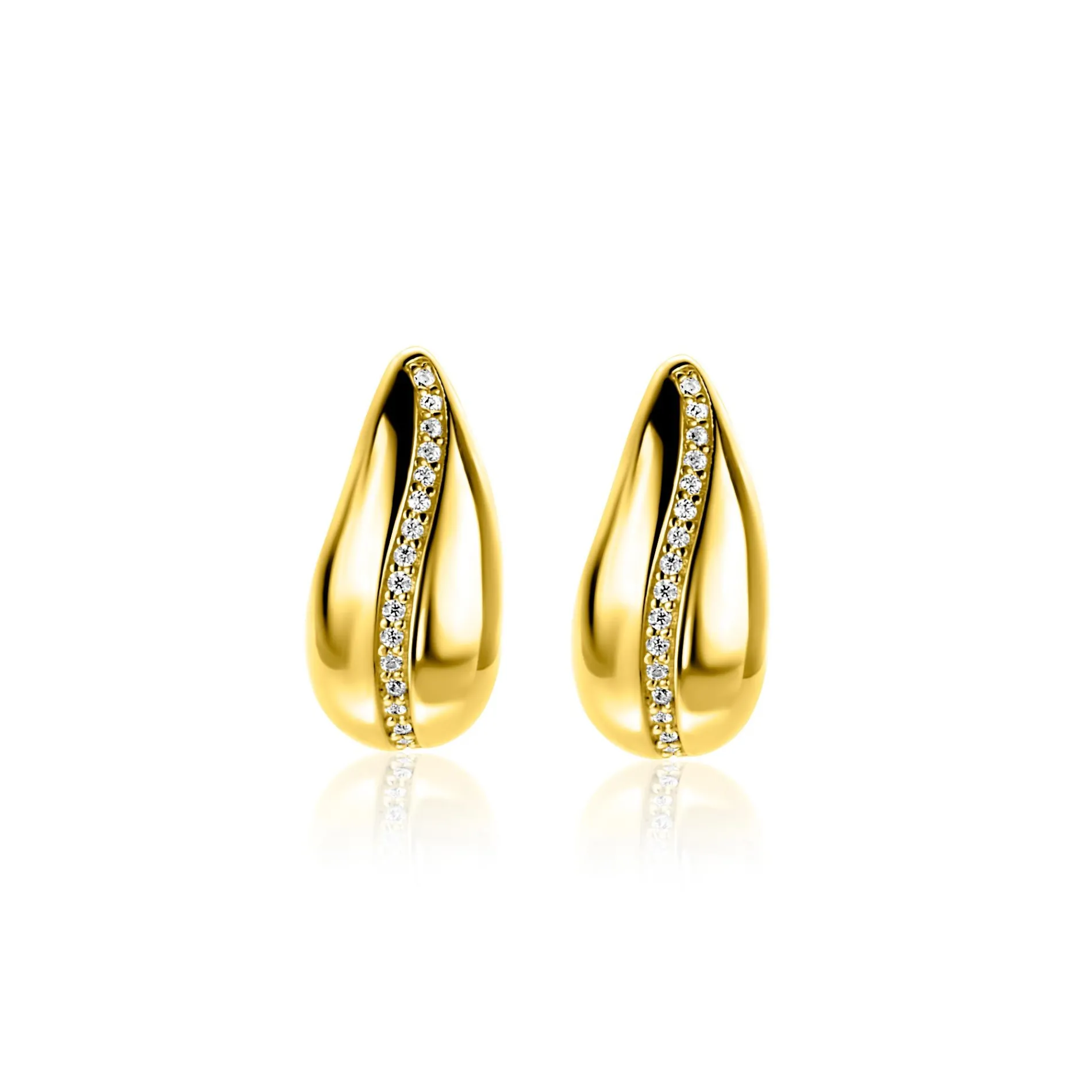 17mm ZINZI gold plated zilveren oorstekers in druppelvorm met golvende rij witte zirkonia's ZIO2707Y