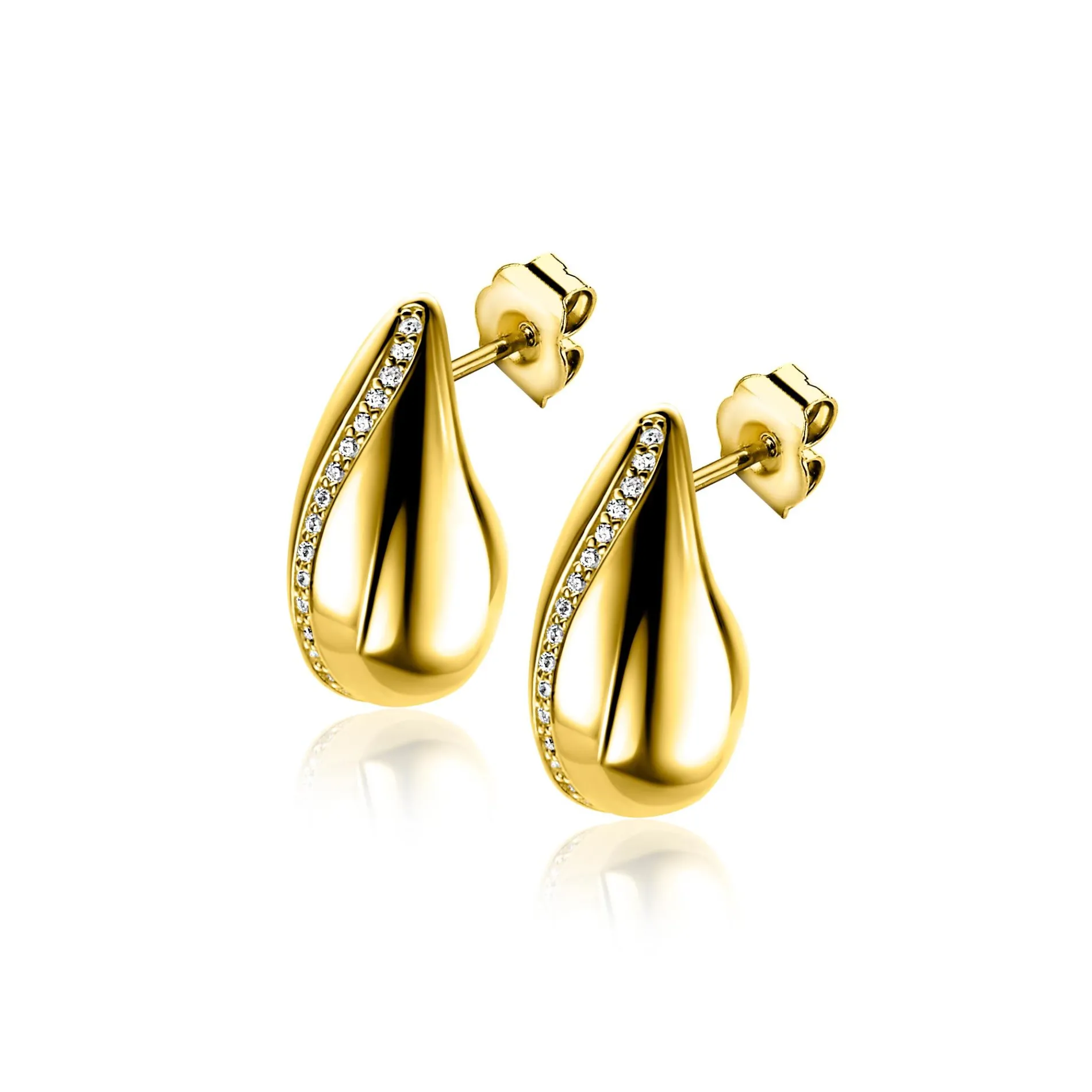 17mm ZINZI gold plated zilveren oorstekers in druppelvorm met golvende rij witte zirkonia's ZIO2707Y