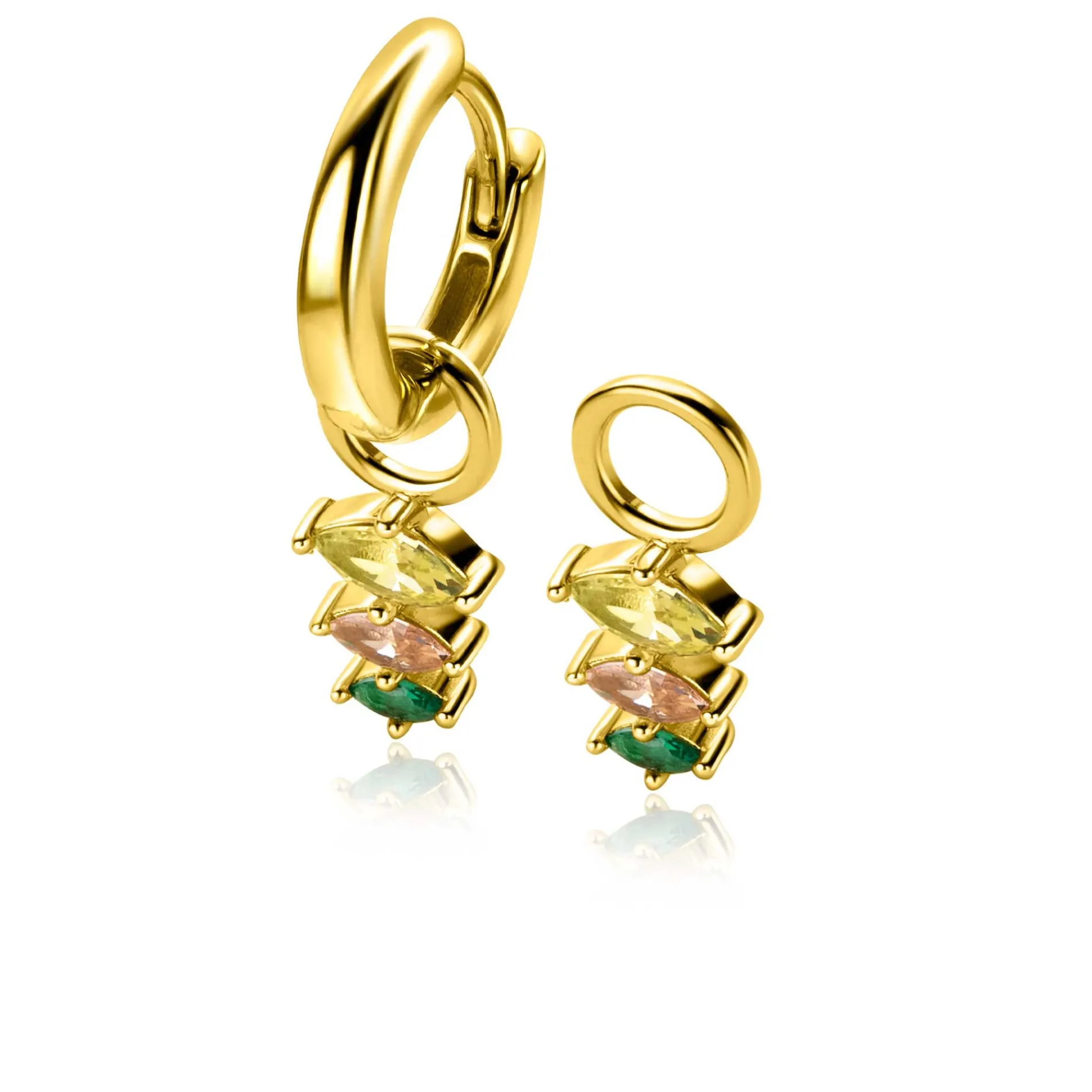 13mm ZINZI gold plated zilveren oorbedels met drie peervormige zettingen in aflopende grootte, bezet met peridot, champagne en donkergroene kleurstenen ZICH2631GC (zonder oorringen)