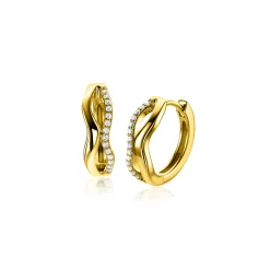 15mm ZINZI gold plated zilveren oorringen organisch gevormd met twee golvende banen, waarvan één bezet met witte zirconia's, met luxe klapsluiting ZIO2629Y