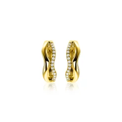 15mm ZINZI gold plated zilveren oorringen organisch gevormd met twee golvende banen, waarvan één bezet met witte zirconia's, met luxe klapsluiting ZIO2629Y