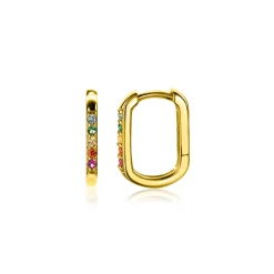 14mm ZINZI gold plated zilveren luxe oorringen in ovale vorm bezet met regenboog kleurstenen ZIO2598