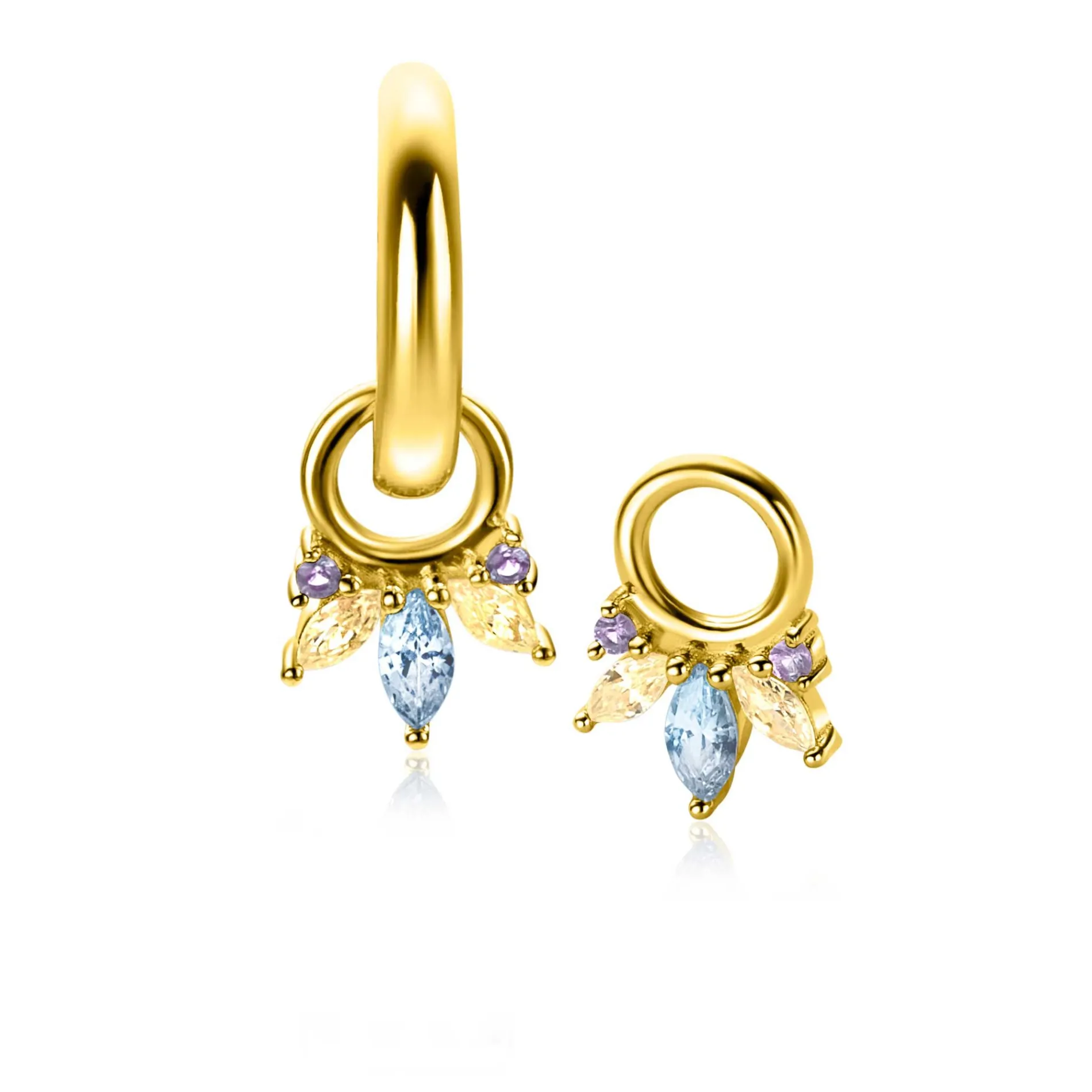 10mm ZINZI gold plated zilveren oorbedels met vijf speelse zettingen in aflopende grootte, bezet met paarse, champagne en blauwe kleurstenen ZICH2633BC (zonder oorringen)