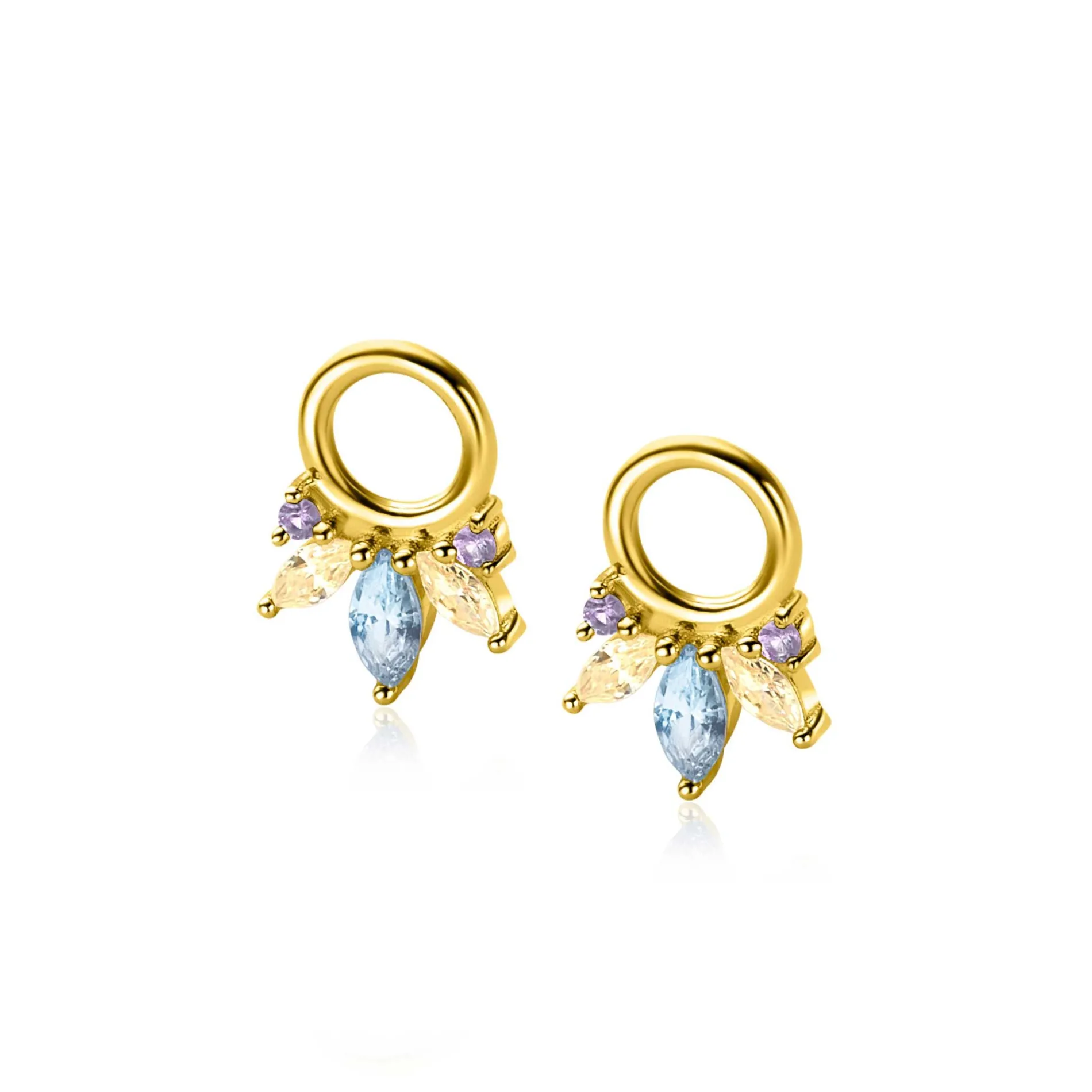 10mm ZINZI gold plated zilveren oorbedels met vijf speelse zettingen in aflopende grootte, bezet met paarse, champagne en blauwe kleurstenen ZICH2633BC (zonder oorringen)