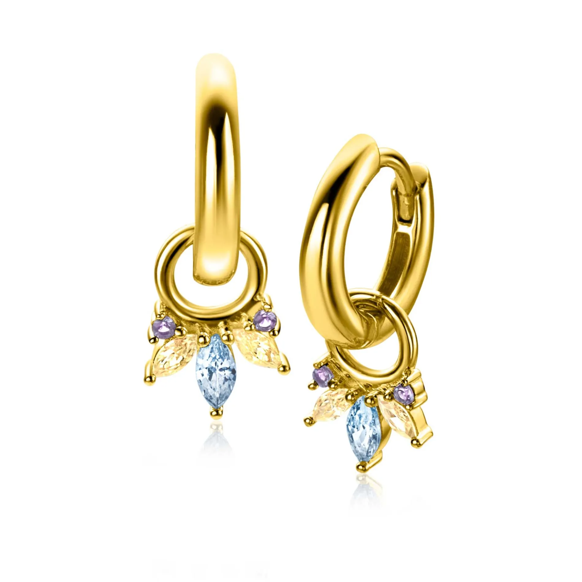 10mm ZINZI gold plated zilveren oorbedels met vijf speelse zettingen in aflopende grootte, bezet met paarse, champagne en blauwe kleurstenen ZICH2633BC (zonder oorringen)