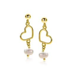 30mm ZINZI gold plated zilveren oorstekers met open hartje en bungelend witte zoetwaterparel ZIO2642