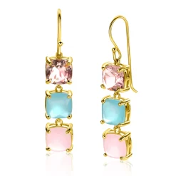 43mm ZINZI gold plated zilveren oorhangers met drie trendy vierkante kleurstenen in roze en turquoise ZIO2454