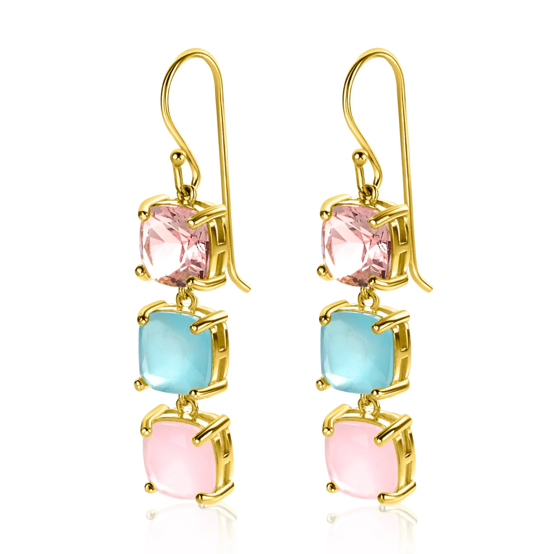 43mm ZINZI gold plated zilveren oorhangers met drie trendy vierkante kleurstenen in roze en turquoise ZIO2454