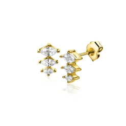 8mm ZINZI gold plated zilveren oorstekers met drie peervormige zettingen in aflopende grootte, bezet met witte zirconia's ZIO2631