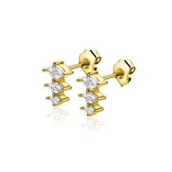 8mm ZINZI gold plated zilveren oorstekers met drie peervormige zettingen in aflopende grootte, bezet met witte zirconia's ZIO2631